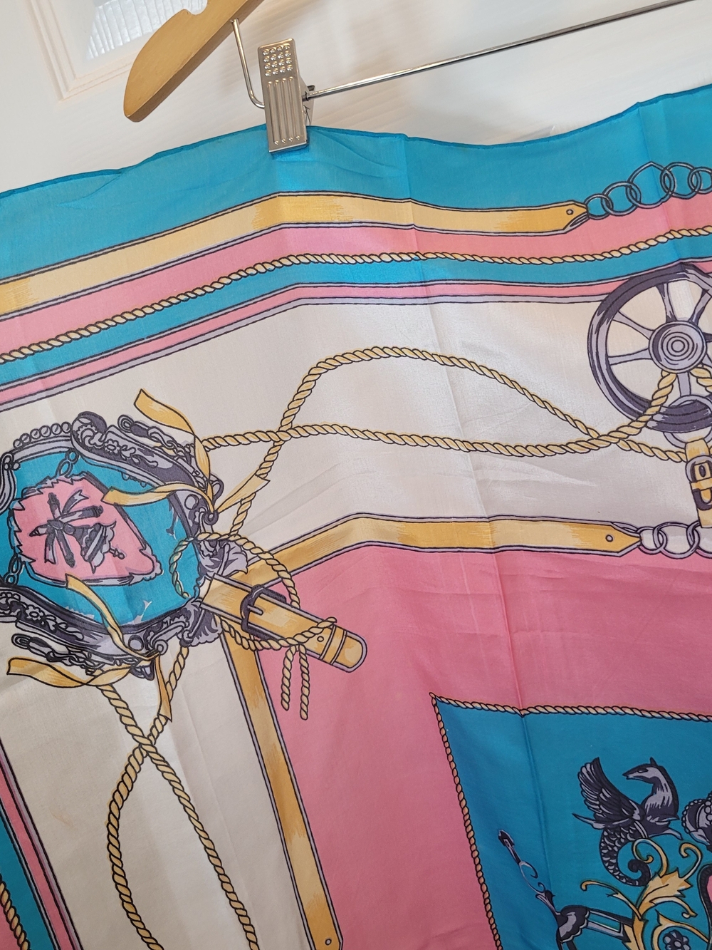 ALSA Spanish Silk Teal & Pink Nautical Rope & Wheel Old-world Print Scarf - Picture 5 of 11